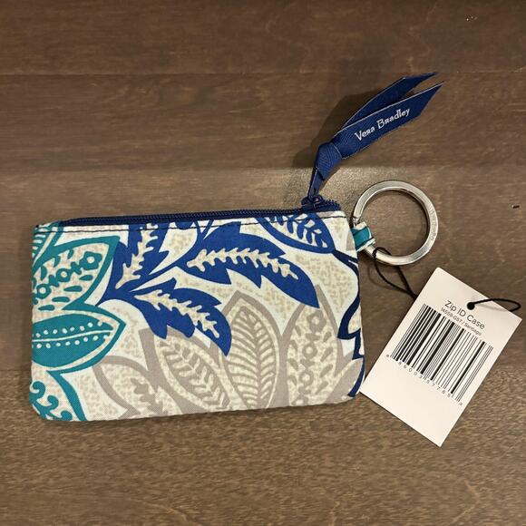 Vera Bradley Zip ID Case Womens Blue Gray Floral Key Ring Wallet Coin Purse NWT - Picture 2 of 7